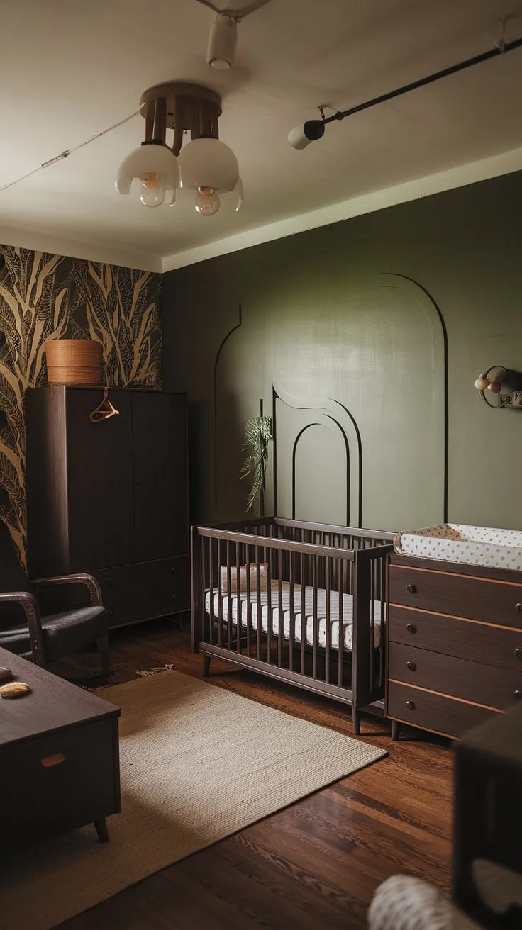 The earthy decor and green accent wall in this moody neutral nursery, complemented by dark wood furniture and retro touches, make for unique baby boy nursery ideas.