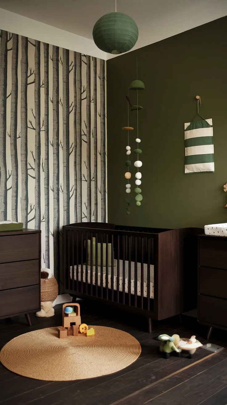 The combination of a green accent wall, dark wood furniture, and retro decor makes this moody neutral nursery a stylish haven for your baby boy.