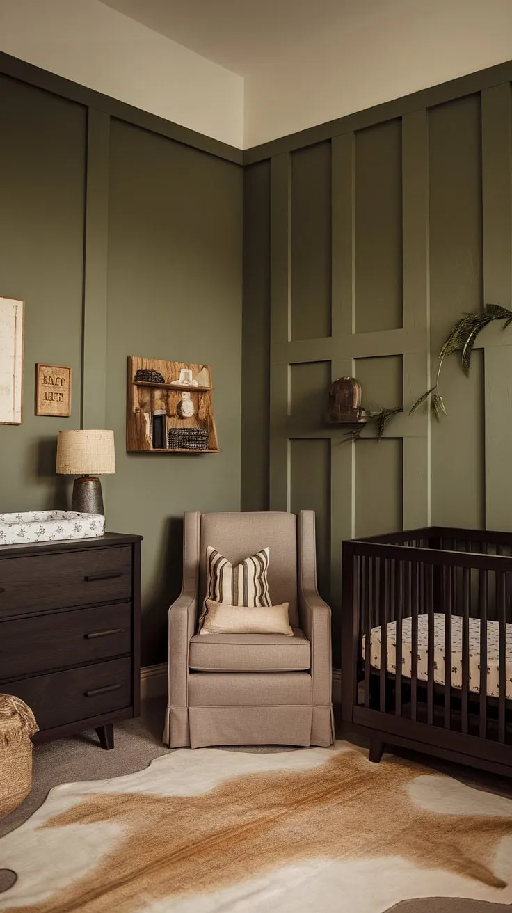 Featuring a unique green accent wall and dark wood furniture, this moody neutral nursery blends earthy decor with retro elements for stylish baby boy nursery ideas.