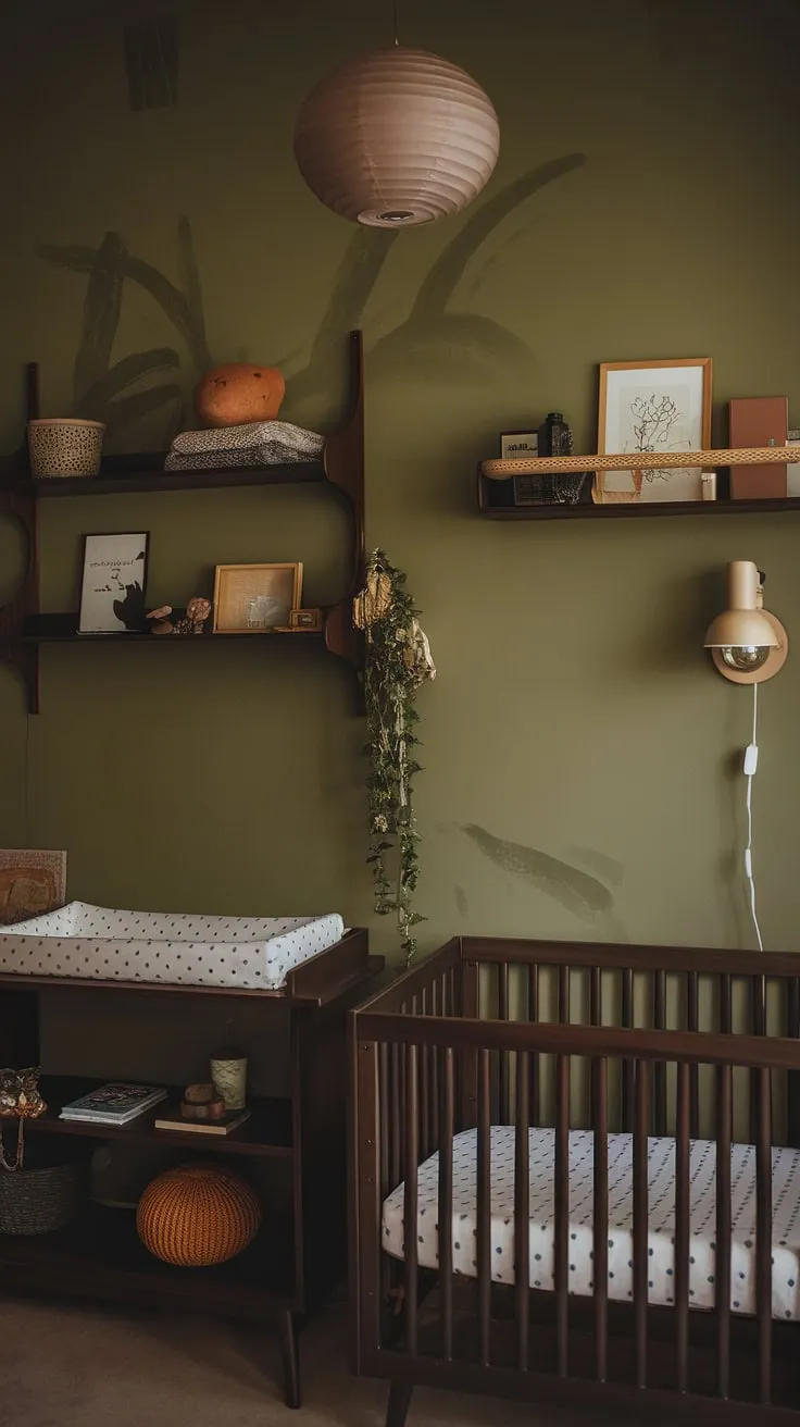 Create a moody nursery with earthy decor featuring a green wallpaper accent wall, dark wood furniture, and retro touches for an edgy yet simple baby boy space.