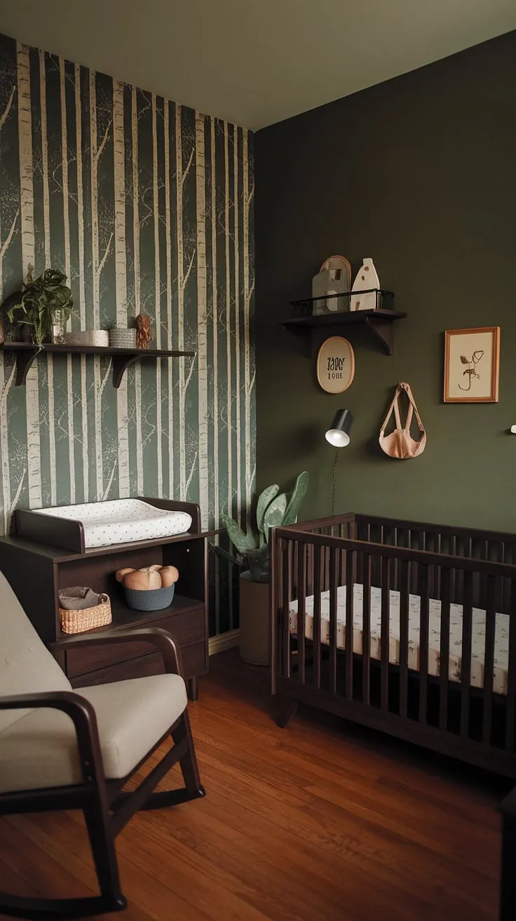This moody nursery features earthy decor with a green wallpaper accent wall, dark wood furniture, and retro elements, creating an edgy yet simple baby boy nursery.