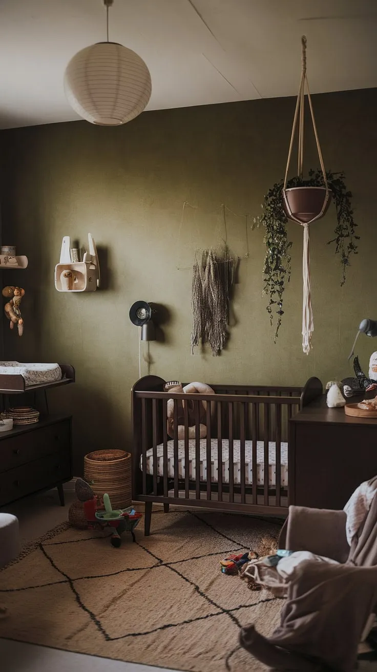 This moody nursery features earthy decor with a green wallpaper accent wall, dark wood furniture, and retro elements, creating an edgy yet simple baby boy nursery.
