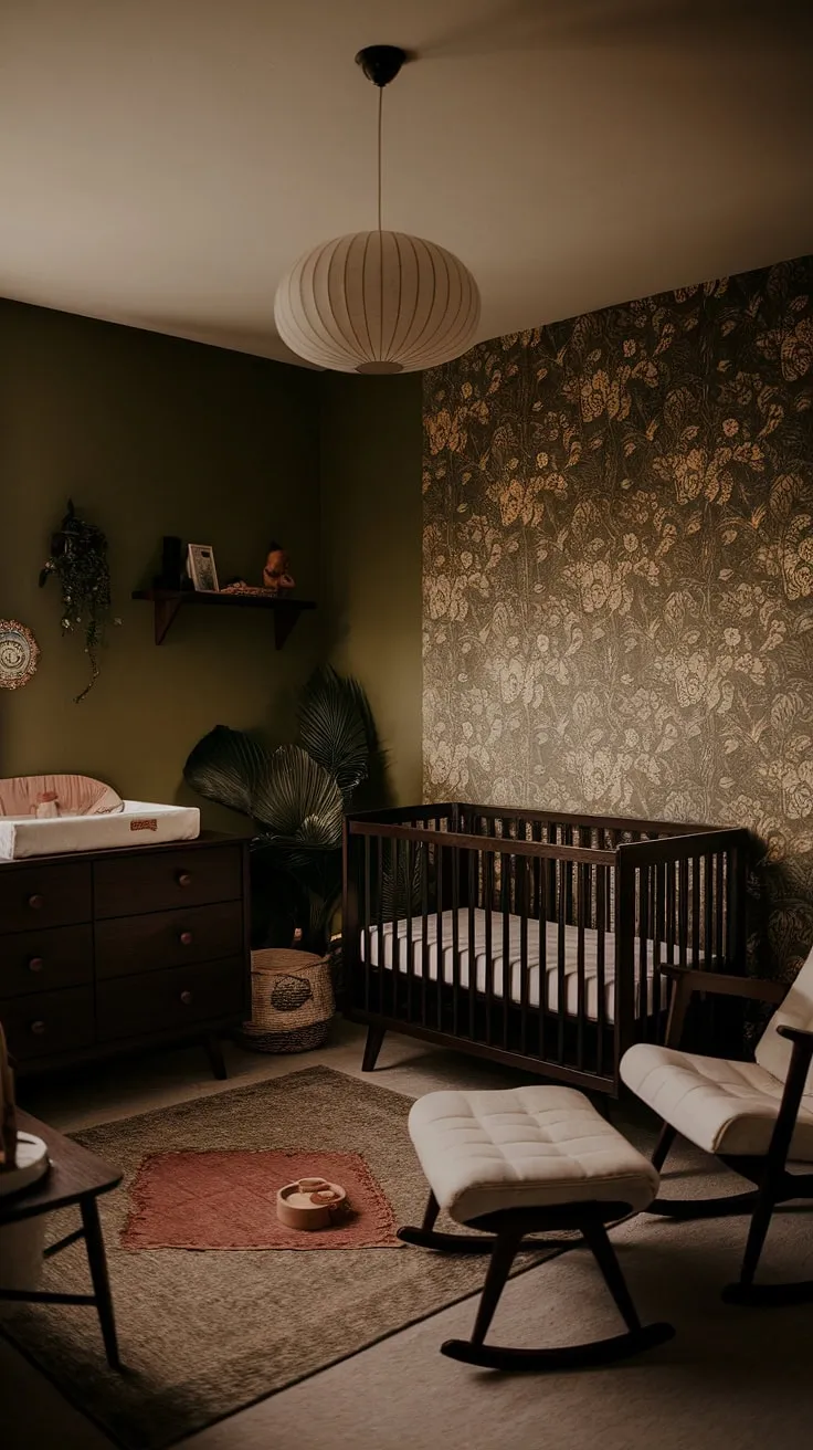 Featuring a green accent wall and dark wood furniture, this moody neutral nursery showcases retro decor and personal touches for a stylish baby boy's space.