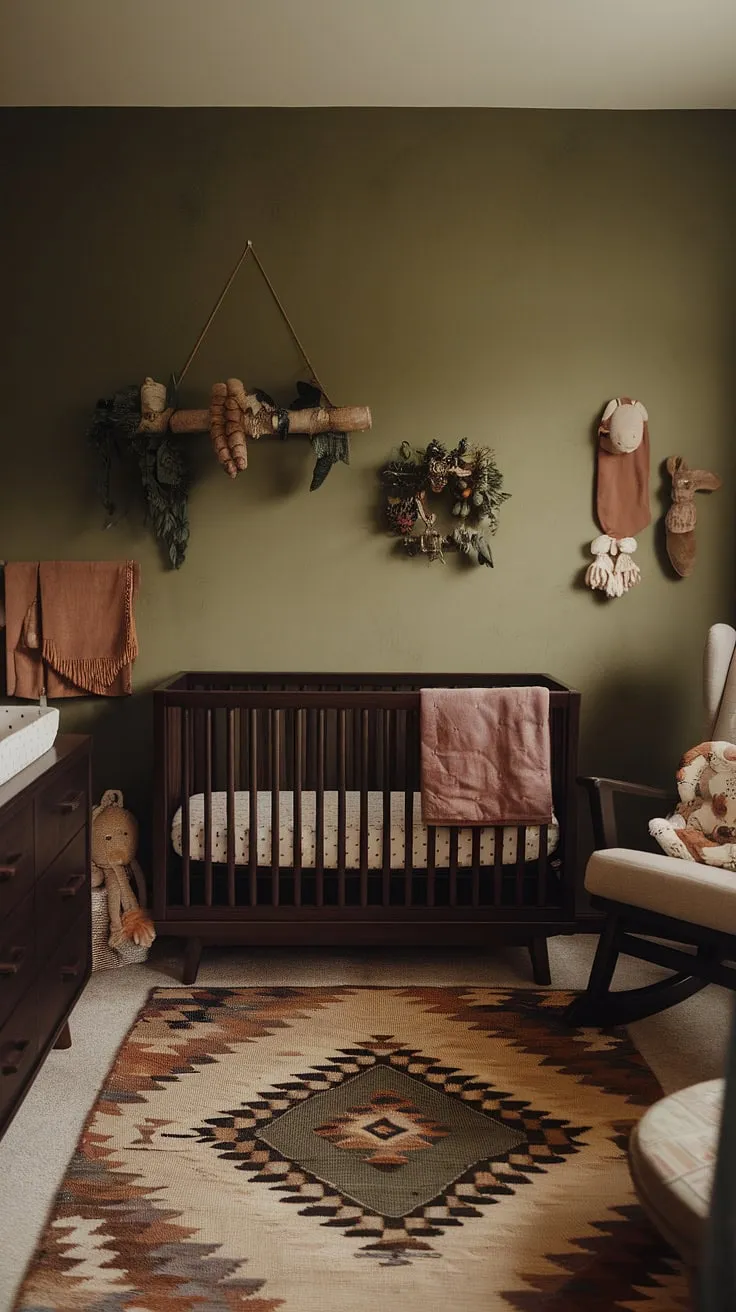 The moody neutral nursery showcases a green wallpaper accent wall, dark wood furniture, and retro decor, perfect for stylish baby boy nursery ideas.