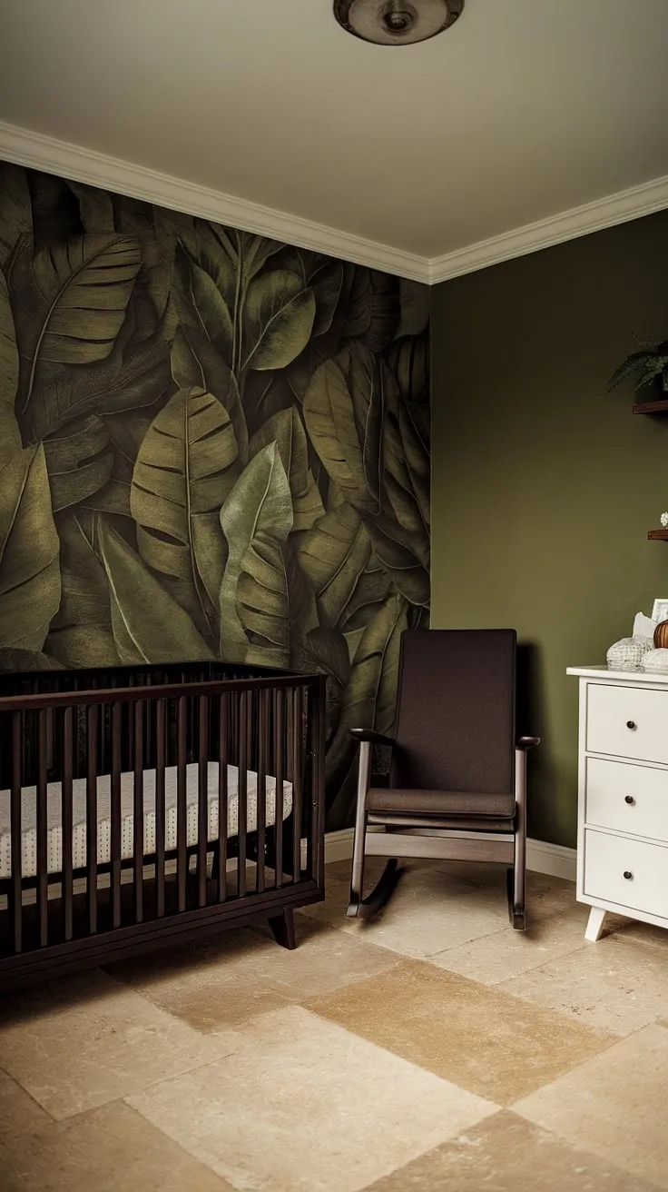 This moody nursery features earthy decor with a green wallpaper accent wall, dark wood furniture, and retro touches, creating an edgy yet simple baby boy nursery.
