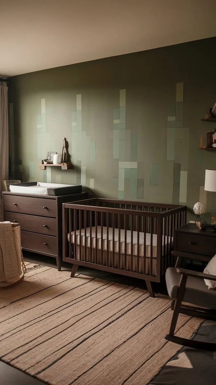 The calming ambiance of this moody neutral nursery showcases earthy decor, a green accent wall, and dark wood furniture, perfect for modern baby boy nursery ideas.
