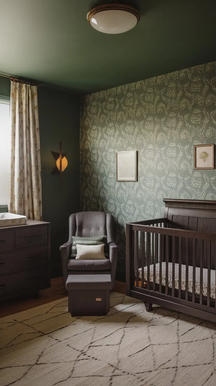 This moody nursery features dark wood furniture and a green wallpaper accent wall, blending earthy decor with retro vibes for an edgy yet simple baby boy nursery.