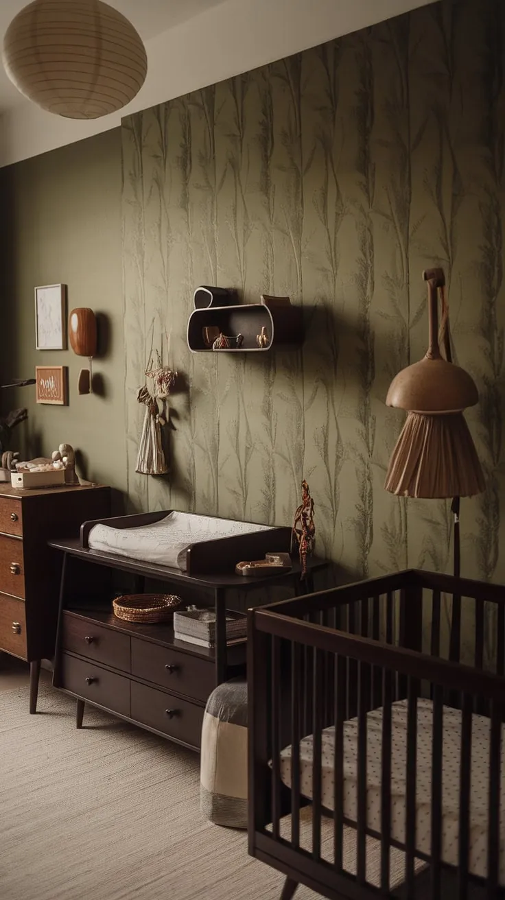 This moody nursery showcases earthy decor with a green wallpaper accent wall, dark wood furniture, and retro touches, creating an edgy yet simple baby boy nursery.