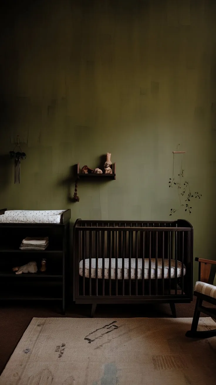 Create a moody nursery with earthy decor, featuring dark wood furniture and a green wallpaper accent wall for an edgy yet simple baby boy space.