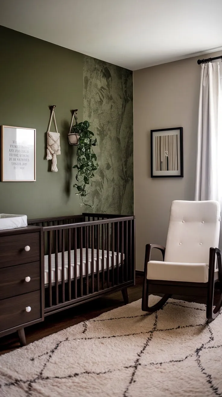 This moody nursery features earthy decor with a green wallpaper accent wall, dark wood furniture, and retro touches, creating an edgy yet simple baby boy nursery.
