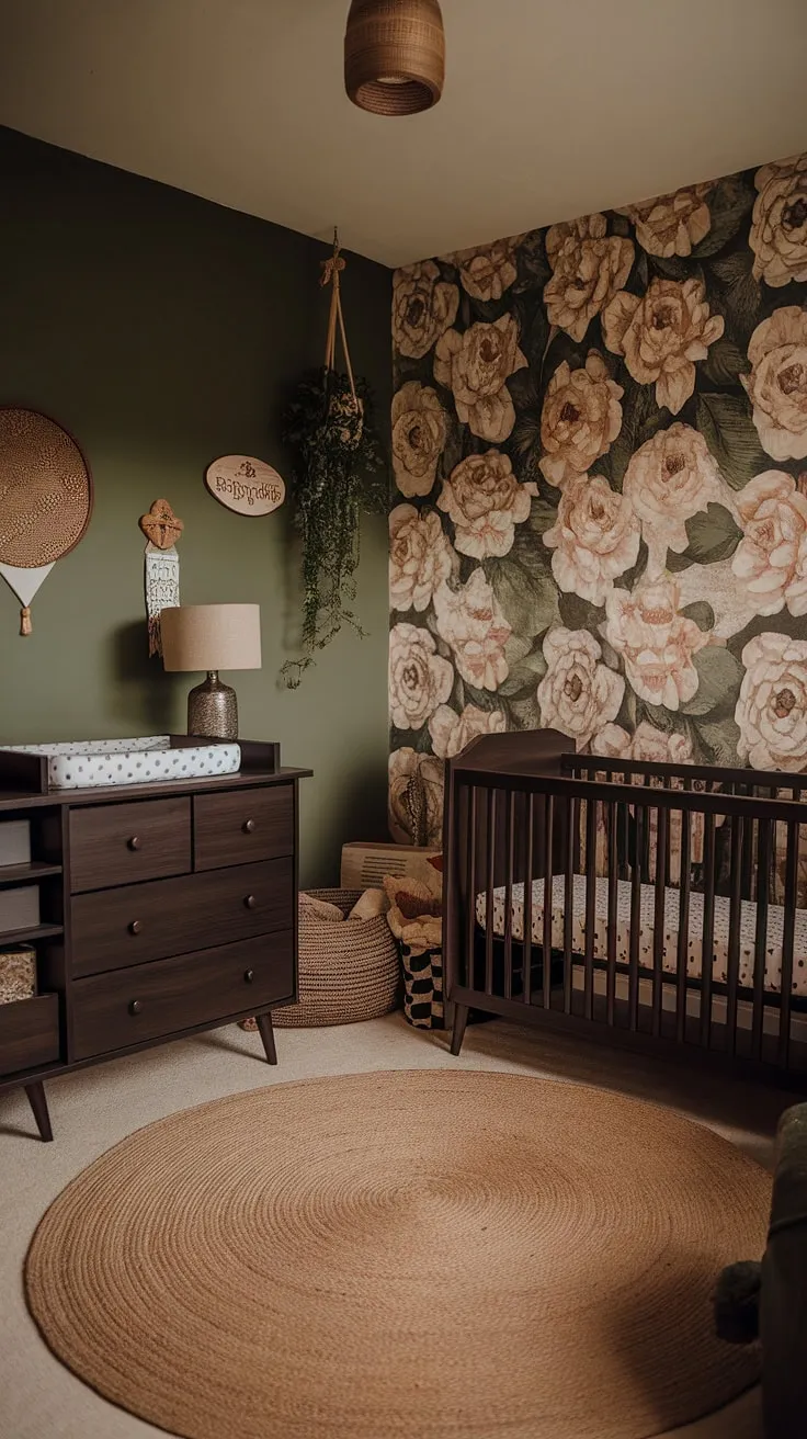 The combination of a green accent wall, dark wood furniture, and vintage decor makes this moody neutral nursery a stylish haven for your baby boy.