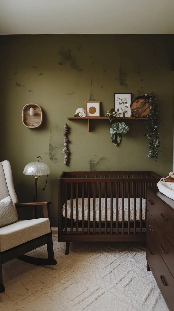 This moody nursery features earthy decor with a green wallpaper accent wall, dark wood furniture, and retro touches, creating an edgy yet simple baby boy nursery.
