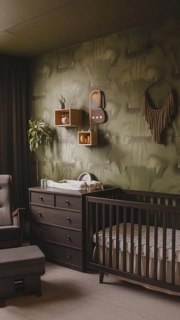Featuring a moody neutral palette, this unique nursery combines earthy decor, a green accent wall, and dark wood furniture for an edgy baby boy space.