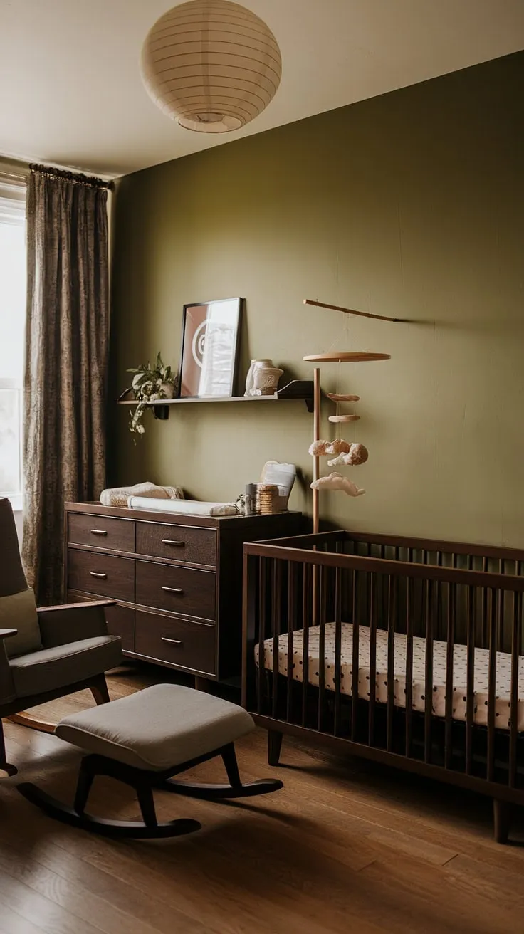 The combination of a green wallpaper accent wall, dark wood furniture, and retro decor makes this moody neutral nursery a stylish choice for a baby boy.