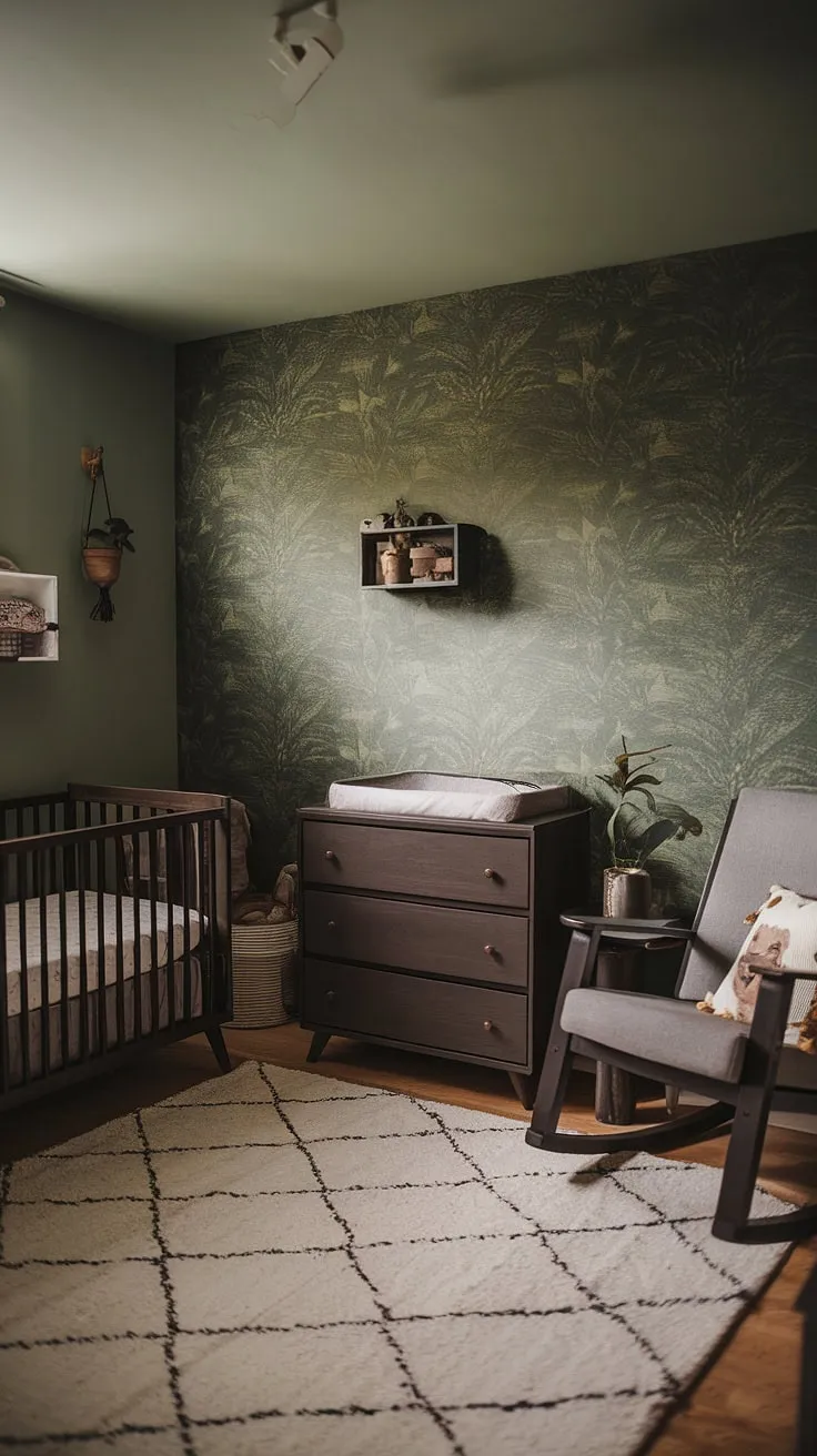 This moody nursery features earthy decor with a green wallpaper accent wall, dark wood furniture, and retro touches, creating an edgy yet simple baby boy nursery.