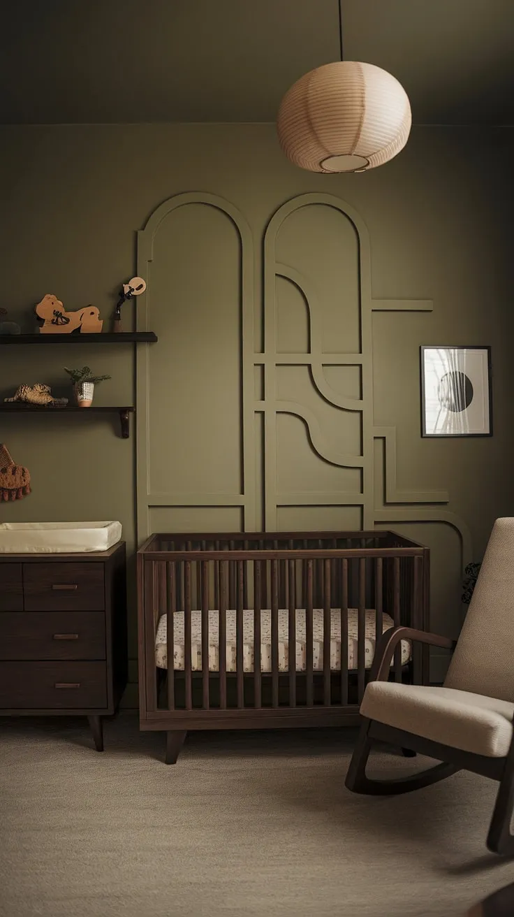 This moody nursery features earthy decor with a green wallpaper accent wall, dark wood furniture, and retro touches, creating an edgy yet simple baby boy nursery.