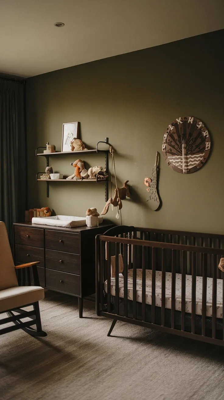 Featuring a moody neutral color scheme, this earthy nursery decor includes a green wallpaper accent wall and dark wood furniture, perfect for a stylish baby boy nursery.