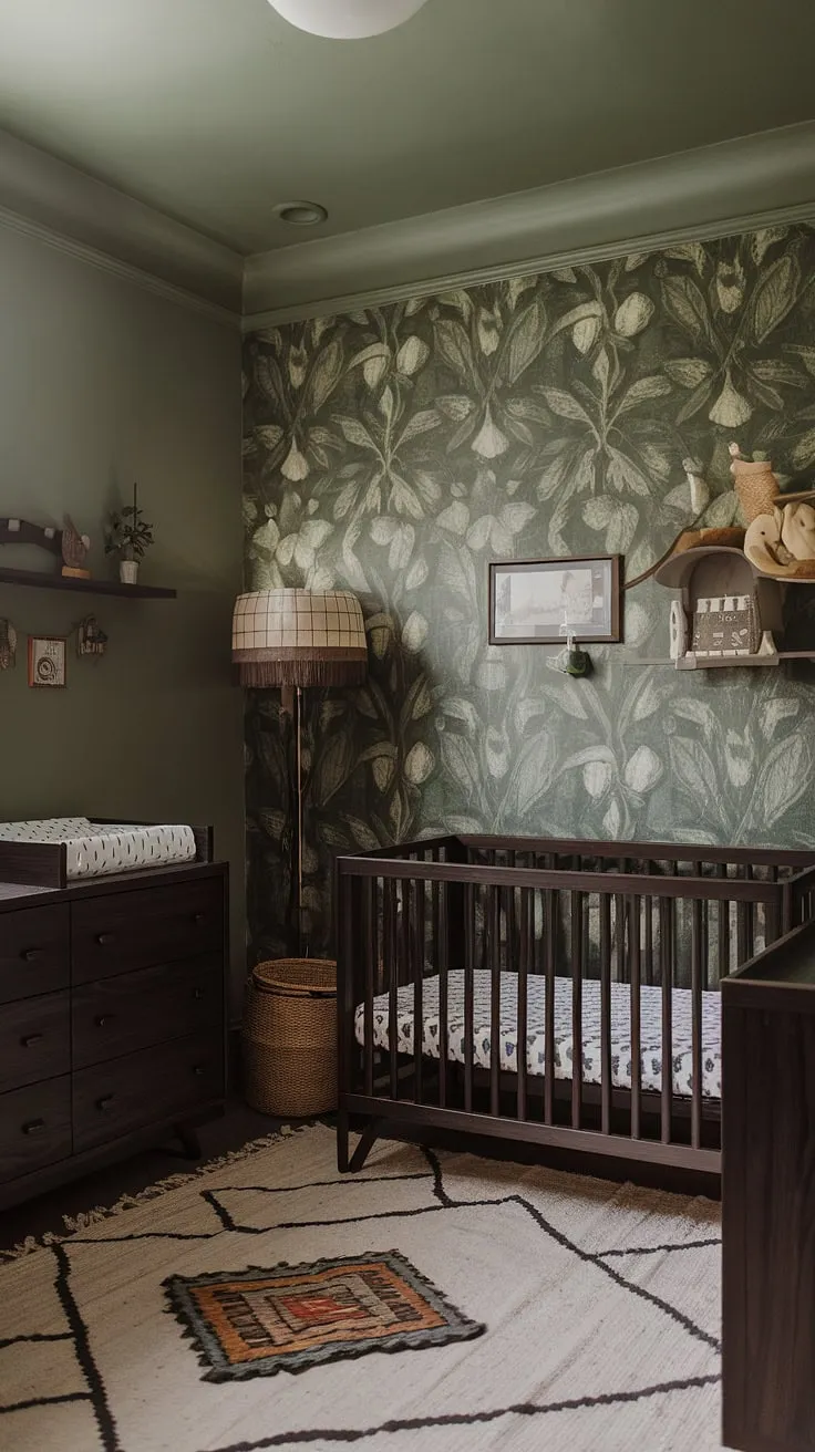 This moody nursery features earthy decor with a green wallpaper accent wall, dark wood furniture, and retro touches, creating an edgy yet simple baby boy nursery.