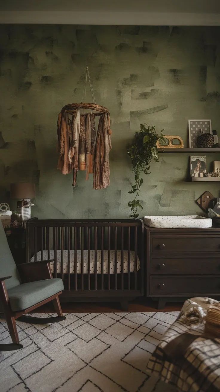 This moody nursery features earthy decor with a green wallpaper accent wall, dark wood furniture, and retro touches, creating an edgy yet simple baby boy nursery.