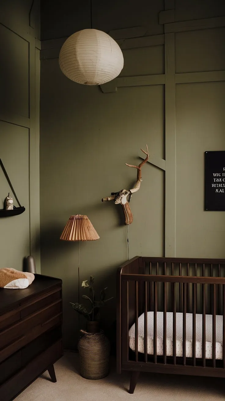 The moody neutral nursery showcases a green wallpaper accent wall, dark wood furniture, and retro decor, offering unique and simple baby nursery ideas.
