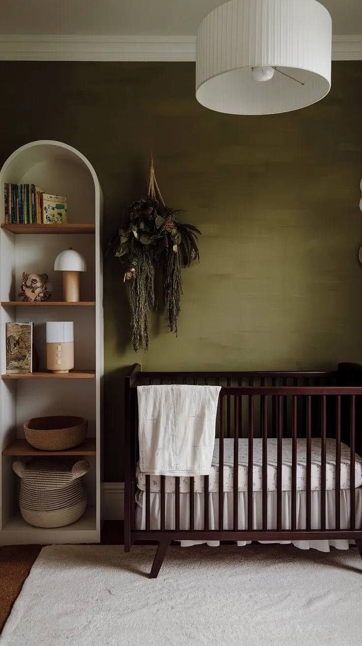 The combination of a green wallpaper accent wall, dark wood nursery furniture, and retro decor creates a moody neutral nursery perfect for a baby boy.