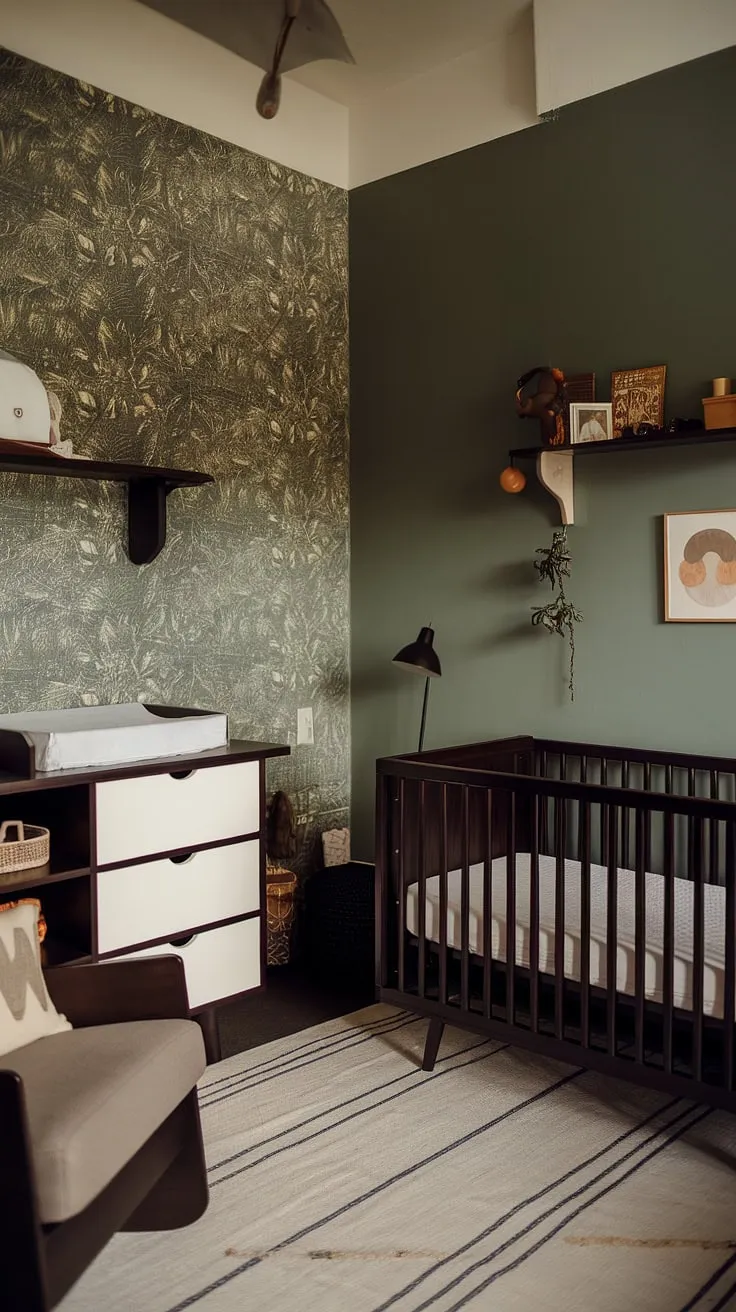 The combination of a green wallpaper accent wall, dark wood furniture, and earthy tones makes this moody neutral nursery a stylish choice for a baby boy.