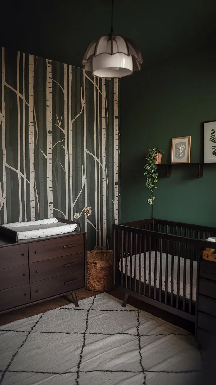 This moody nursery features earthy decor with a green wallpaper accent wall, dark wood furniture, and retro touches, creating an edgy yet simple baby boy nursery.