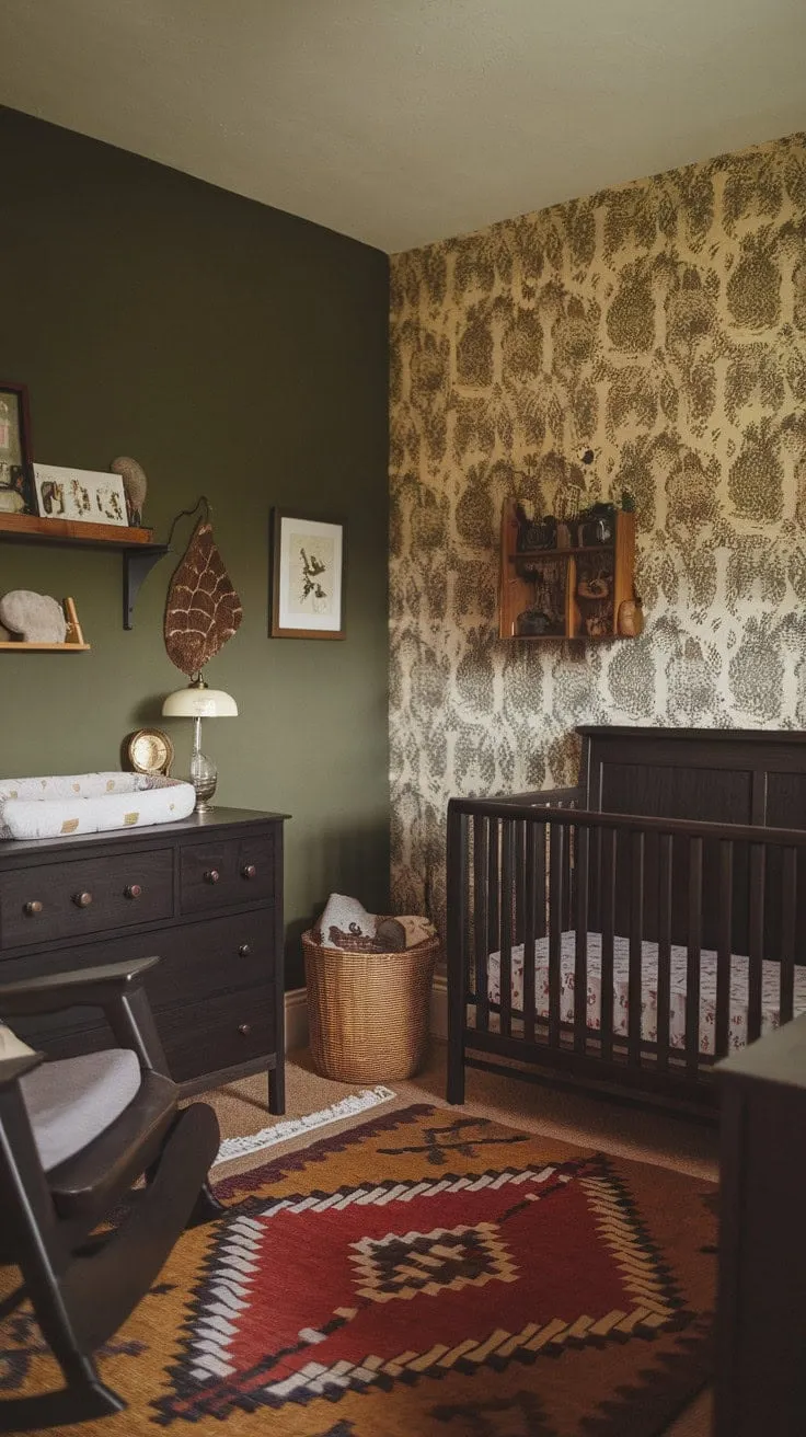 This sophisticated yet cozy nursery, adorned with green wallpaper and vintage treasures, invites serene moments for both child and caregiver.