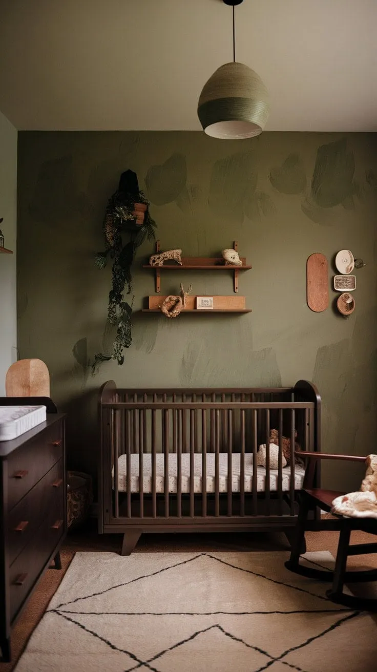 This serene nursery blends neutral hues and natural textures with dark wood and playful green wallpaper, creating a warm and charming sanctuary for both parent and child.