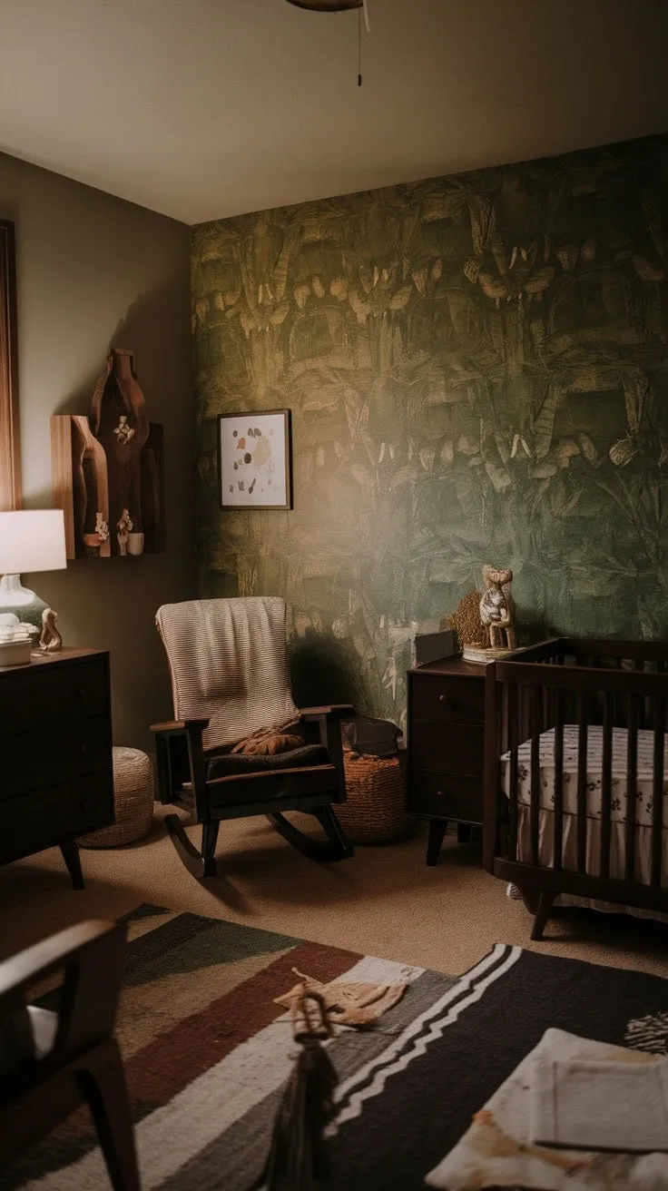 This nursery blends understated sophistication with rich textures and a striking green wall, creating a cozy sanctuary filled with warmth and personality.