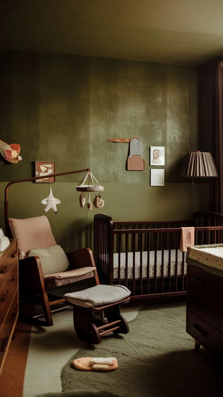 This retro-inspired nursery blends earthy tones and textured greens with vintage charm, crafting a tranquil haven for sweet dreams and serene moments.