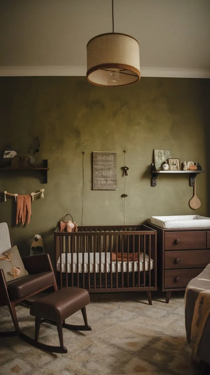 This nursery masterfully combines understated elegance with playful charm, featuring rich textures, dark wood furniture, and a soothing green accent wall.