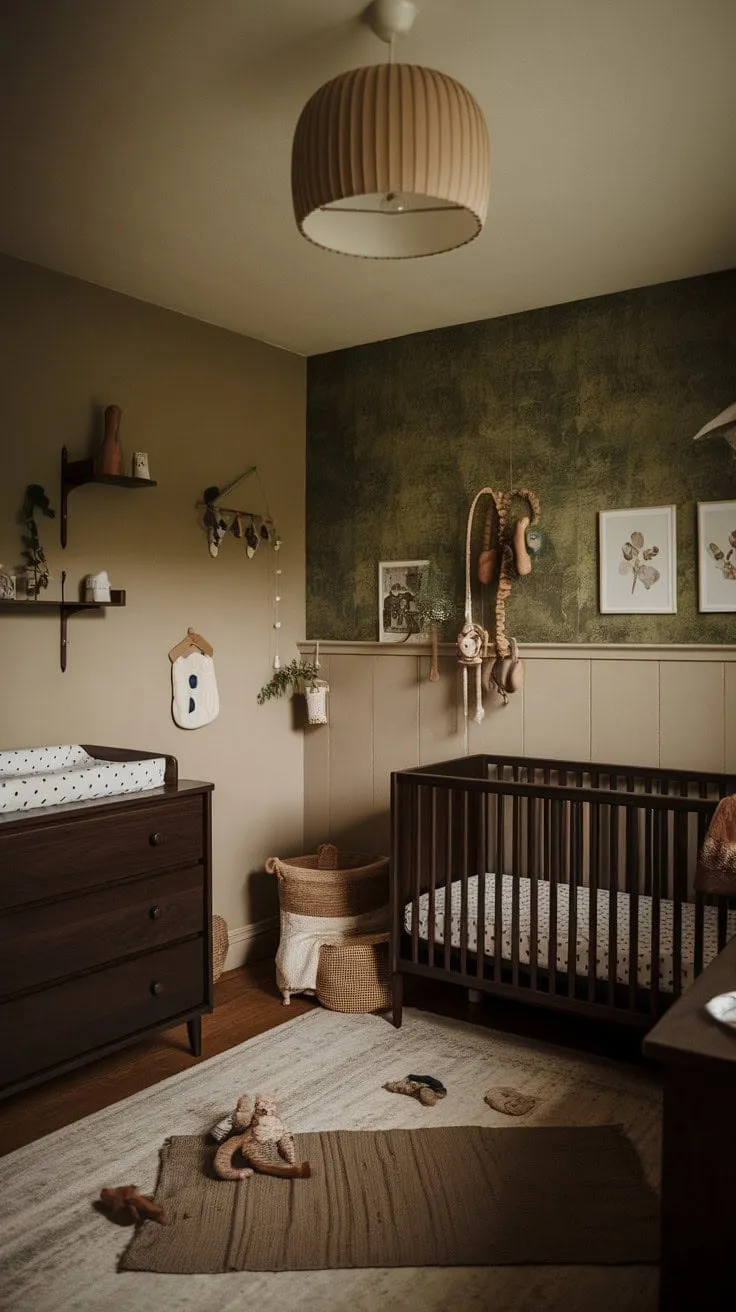 This serene nursery blends dark wood and a soothing green accent wall to create a tranquil haven of sophisticated simplicity, perfect for cherishing precious moments.