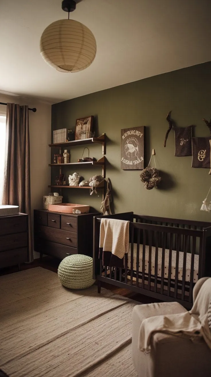 This serene nursery, adorned with rich textures and a calming green palette, beautifully combines style and tranquility for a perfect little haven.