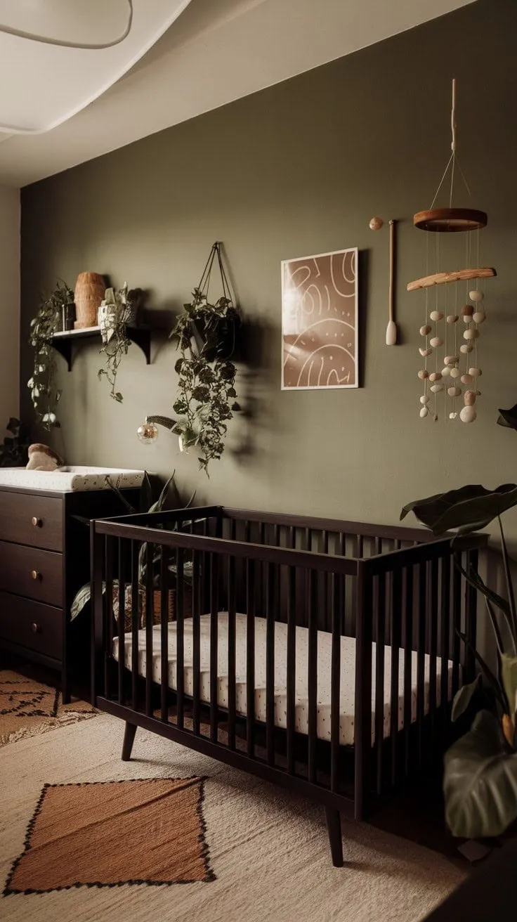 This stylish nursery blends earthy tones and retro charm with a vibrant green accent wall and vintage treasures, creating a calming sanctuary for the little one.