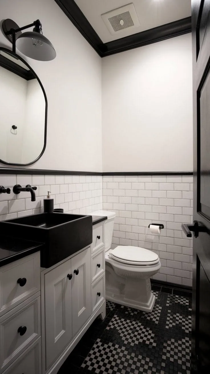 This powder room showcases monochromatic elegance, where sleek black fixtures harmonize with pristine white walls to create a sanctuary of understated luxury.