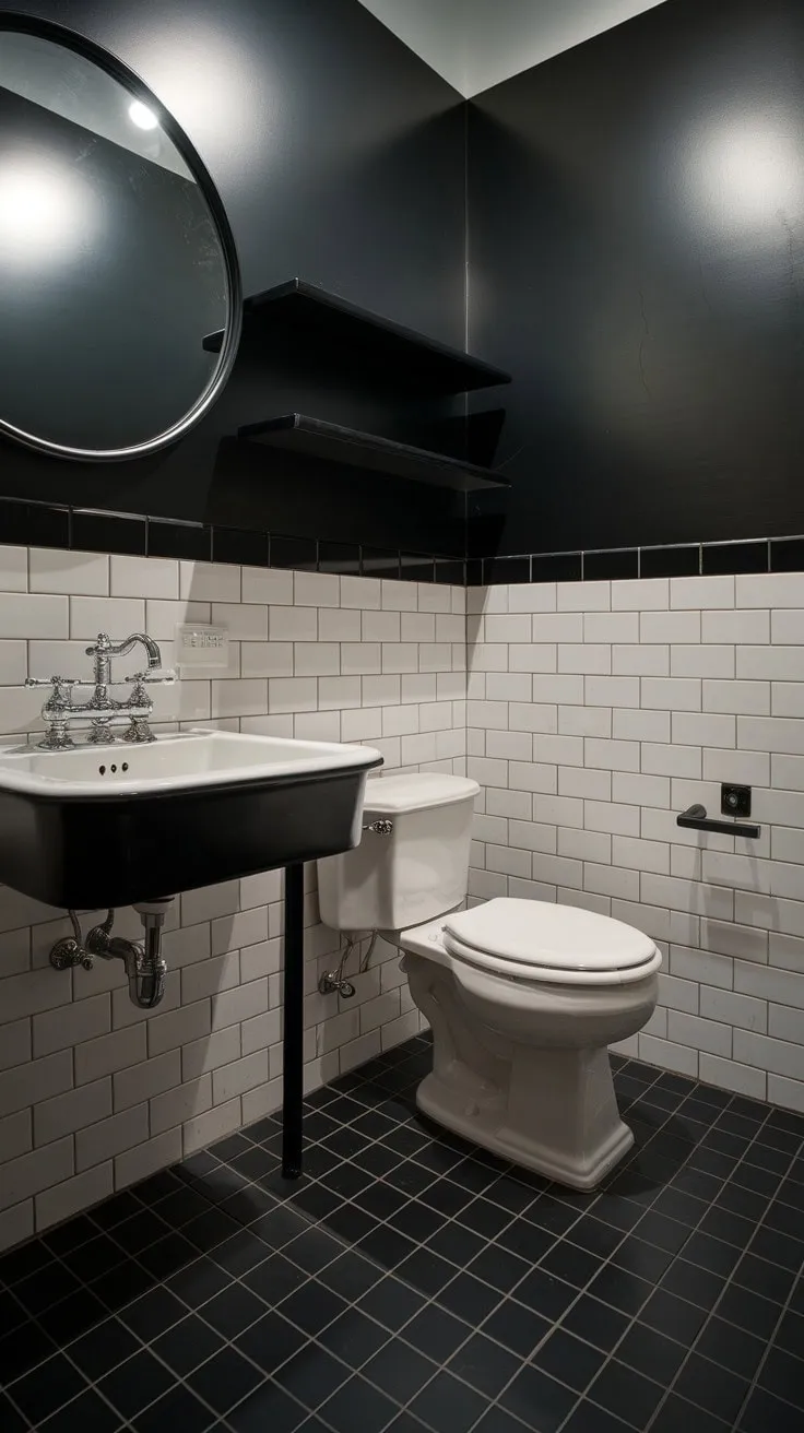 This powder room masterfully blends modern chic with refined elegance, as sleek black fixtures and crisp white tiles dance in a dramatic interplay of light and shadow.