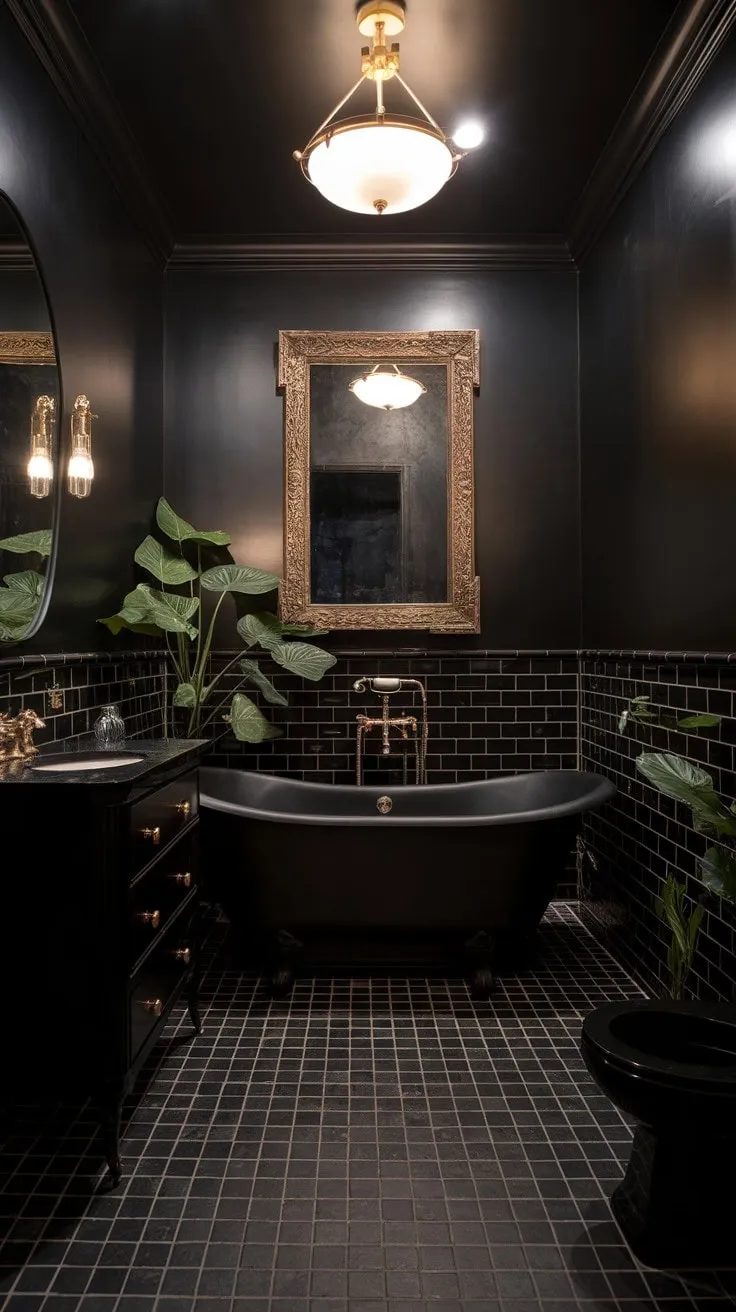 Step into a sanctuary of sophisticated luxury where a freestanding black tub and gold accents transform opulent darkness into pure indulgence.