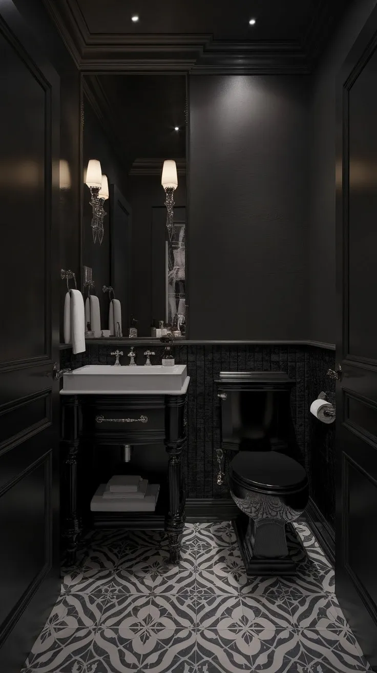 Experience the tranquil luxury of this monochrome powder room, where light and shadow dance in a sophisticated embrace.
