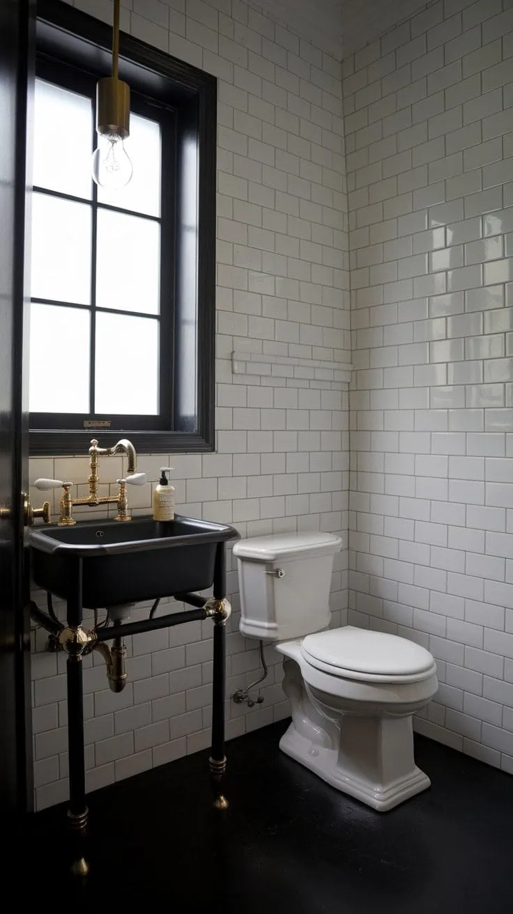 This chic powder room harmoniously fuses monochrome elegance with modern luxury, featuring striking black and white contrasts enhanced by radiant gold accents for a dramatic yet inviting atmosphere.
