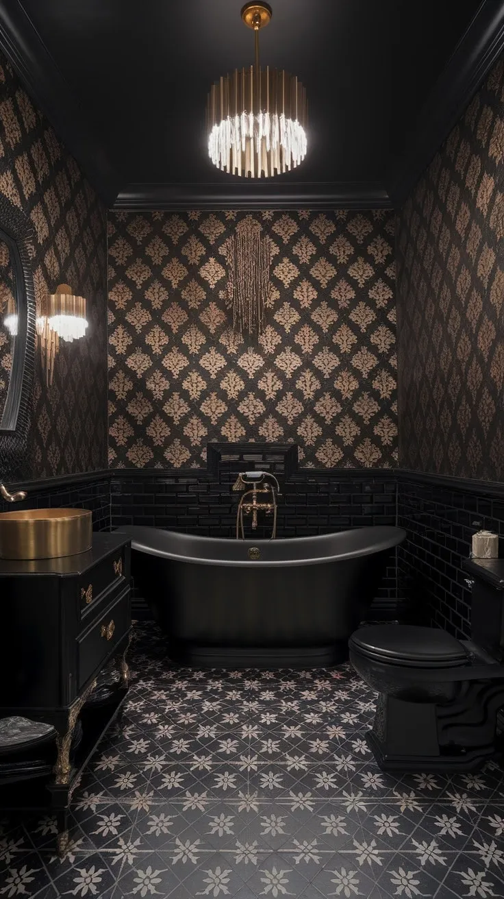 This opulent powder room, featuring a striking black bathtub and elegant gold accents, invites indulgence under the warm glow of a golden chandelier.