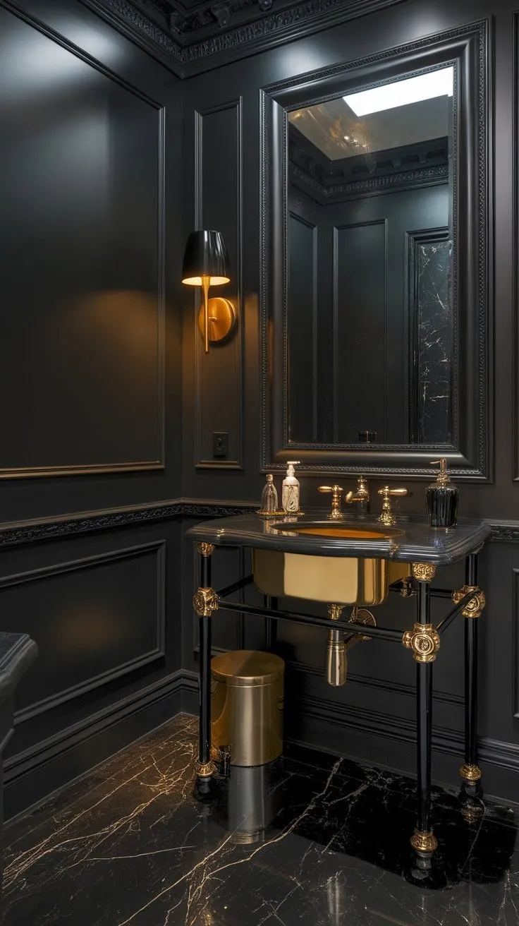 This powder room exudes moody glamour with its striking black and gold palette, luxurious marble floor, and opulent gilded fixtures, creating an unforgettable retreat.