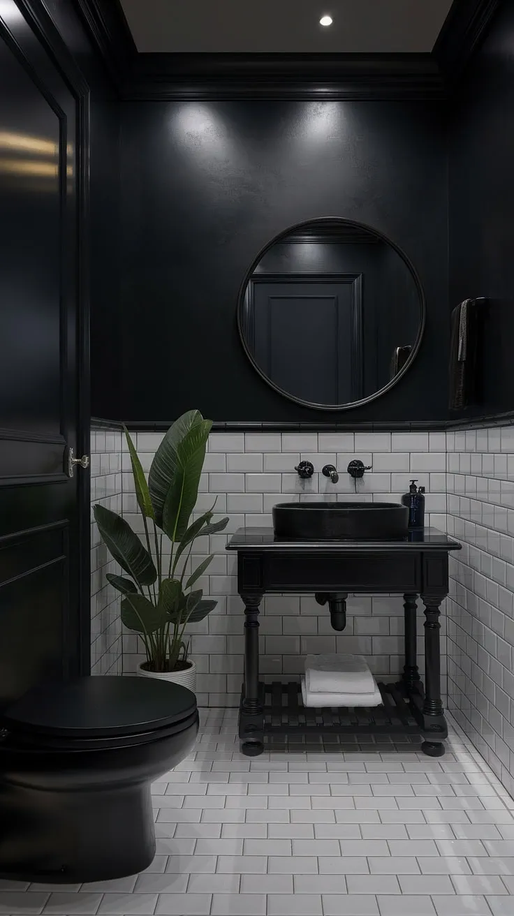 The black powder room exudes sophistication with its moody decor, including a sleek vanity, round mirror, and contrasting white tiles.