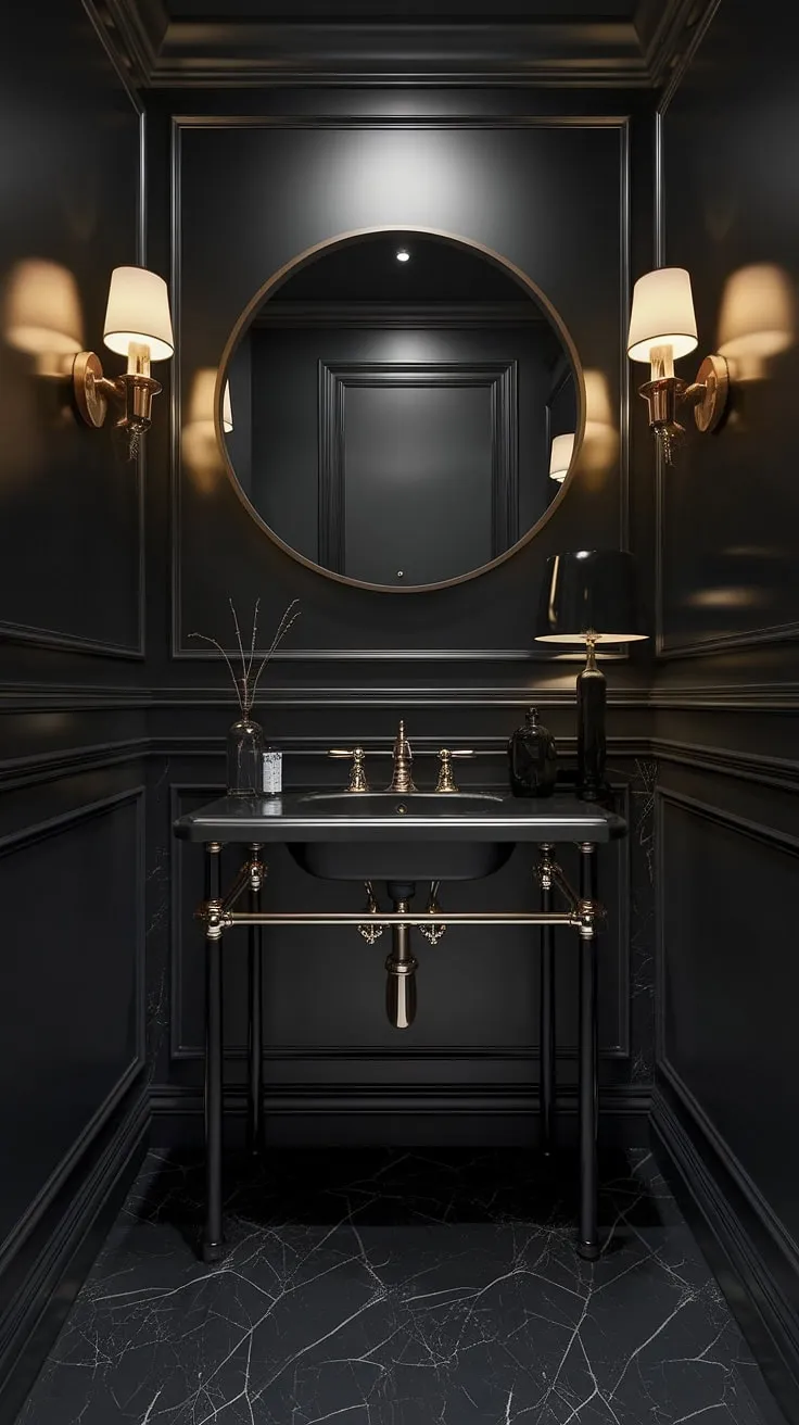 This luxurious moody powder room showcases a striking black theme with a marble floor, gold accents, and dim lighting for an elegant dark bathroom experience.