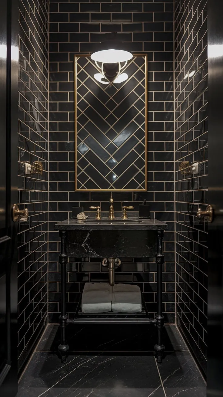 The black powder room showcases opulent decor with a marble vanity, gold accents, and a chic herringbone tile design, perfect for a stylish powder bathroom.