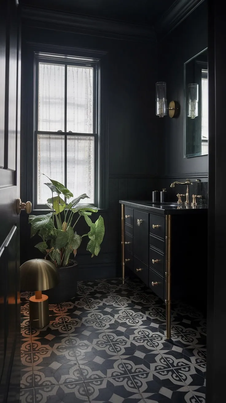The dark bathroom showcases a sophisticated blend of a black vanity, gold accents, and soft lighting, making it a perfect example of chic powder room decor.