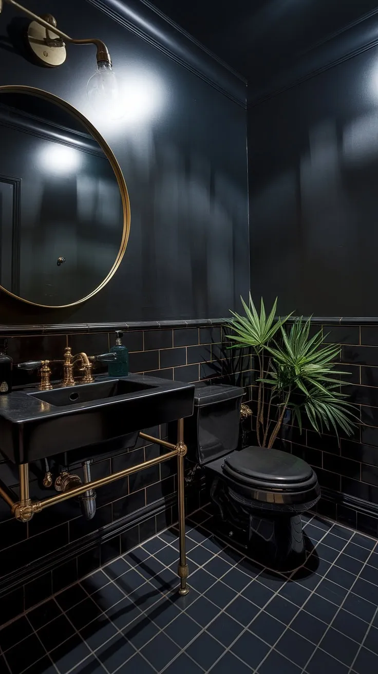 The moody powder room features a sophisticated black decor with a gold mirror and dim lighting, perfect for a stylish powder bathroom experience.