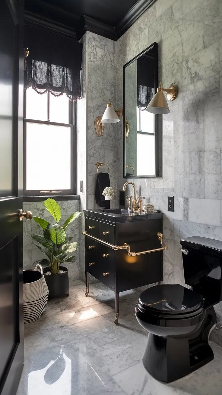 This luxurious moody powder room showcases a striking black theme with a marble floor, gold fixtures, and elegant decor, creating a stunning dark bathroom experience.