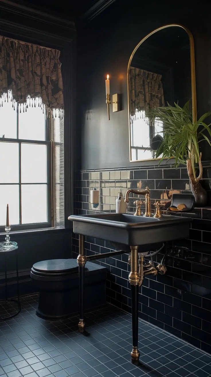 This moody powder room showcases a luxurious dark ambiance with a black sink, gold accents, and elegant decor, creating a stunning powder bathroom experience.