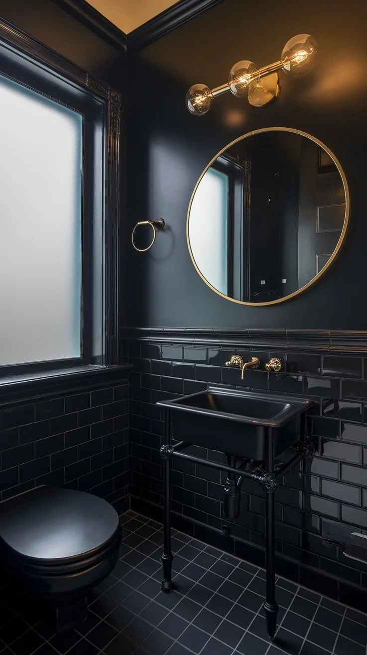 The moody powder room showcases a striking black design with a modern sink, gold accents, and frosted glass, epitomizing luxury in powder bathroom decor.